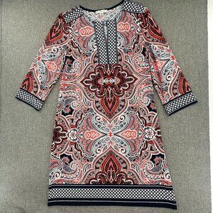 Sandra Darren Shift Dress Size 8 Paisley 3/4th Sleeve Stretch Black Trim